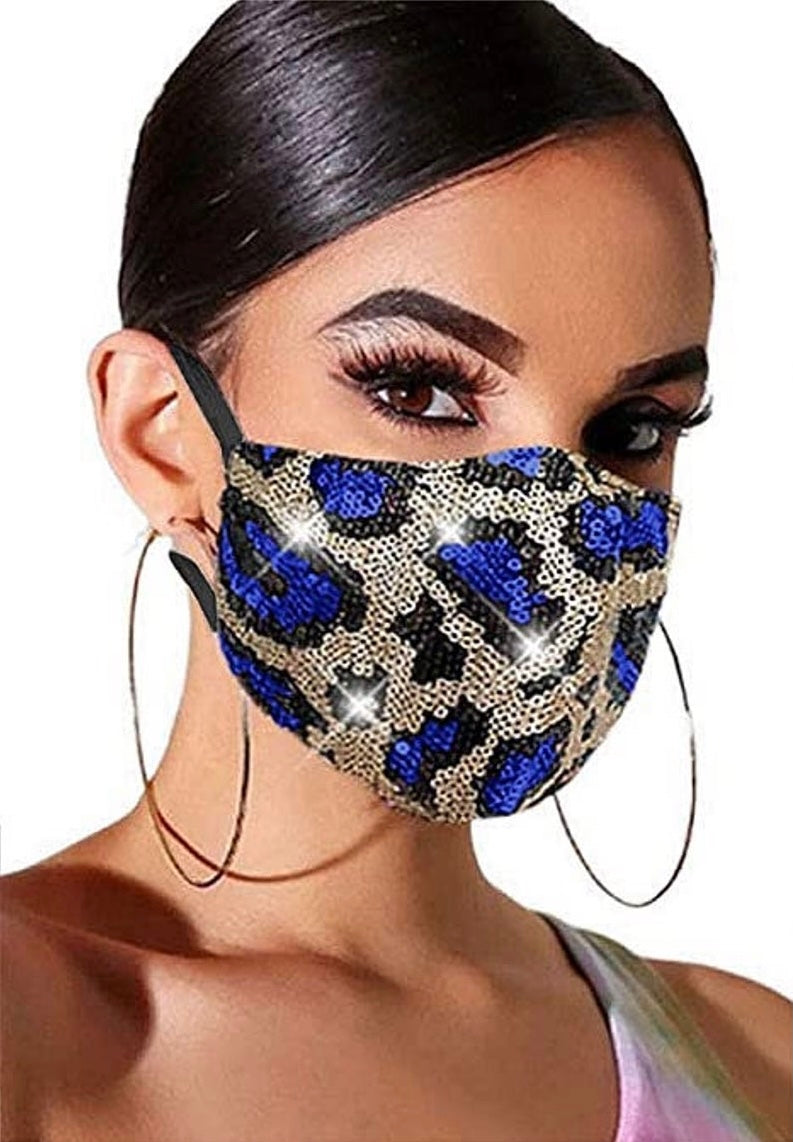Leopard Print Sequin Face Mask~ Blue