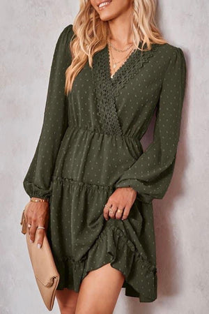 V-Neck Crochet Trim Dress ~ Olive