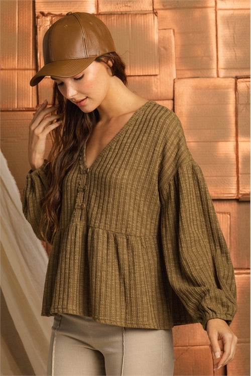 Ribbed Babydoll Top ~ Olive