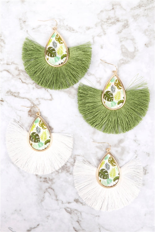 Tropical Fan Tassel Earrings ~ Lime