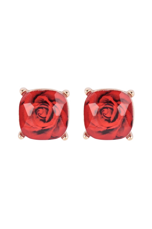 Rose Print Epoxy Stud Earrings ~ Red