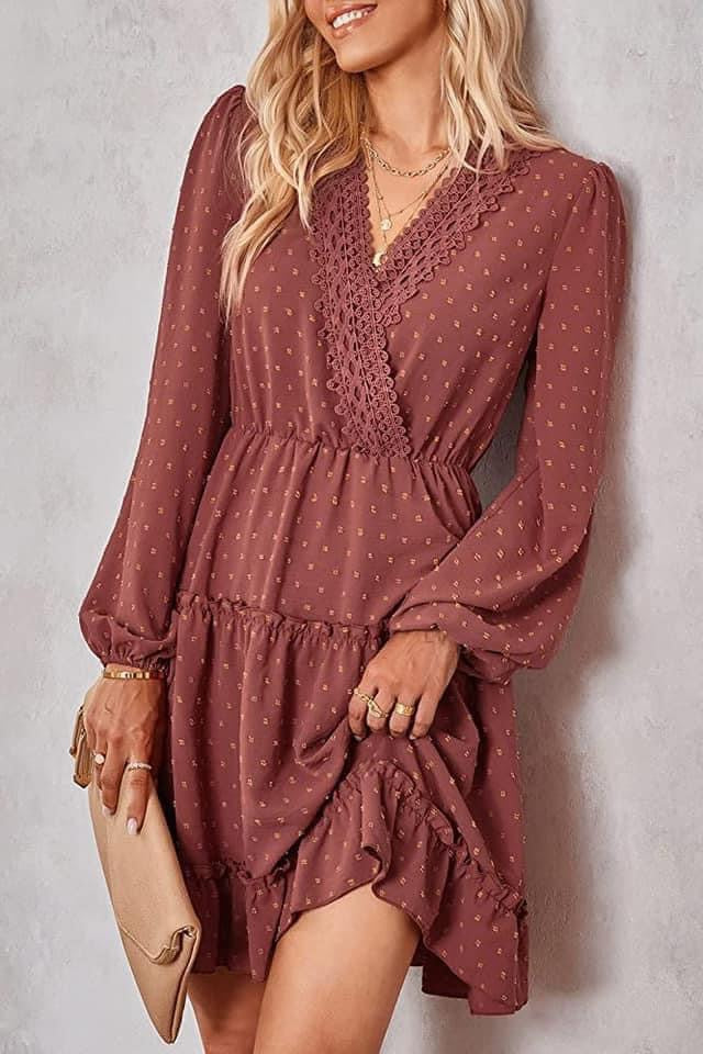 V-Neck Crochet Trim Dress ~ Wine