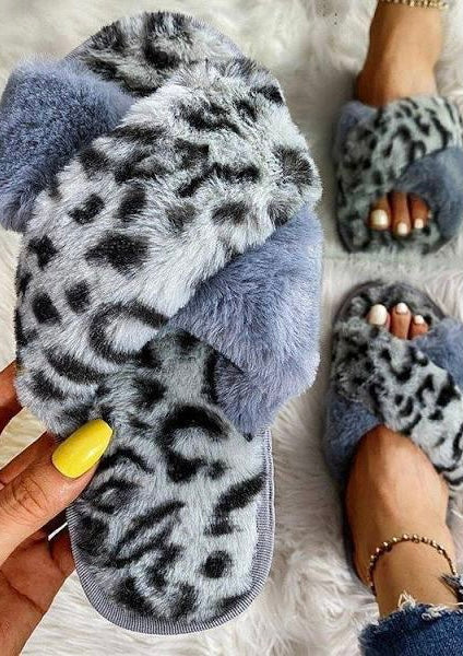 Gray Fuzzy Leopard Slippers