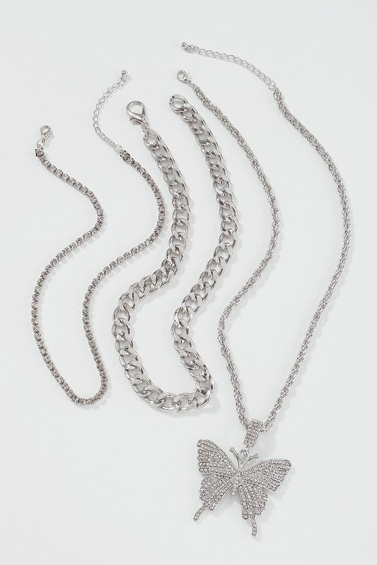 Silver Butterfly Pendant Necklace Set