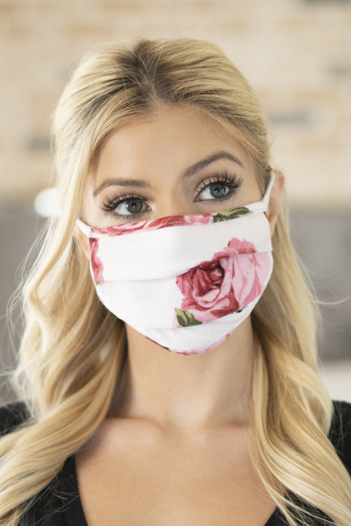 White Floral Print Face Mask