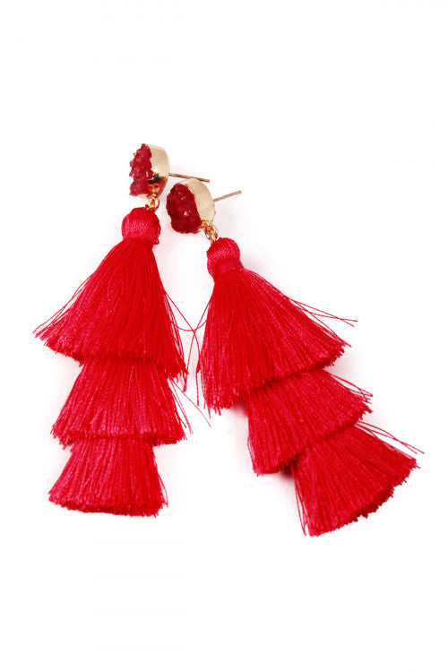 Red Druzzy Tassel Drop Earrings
